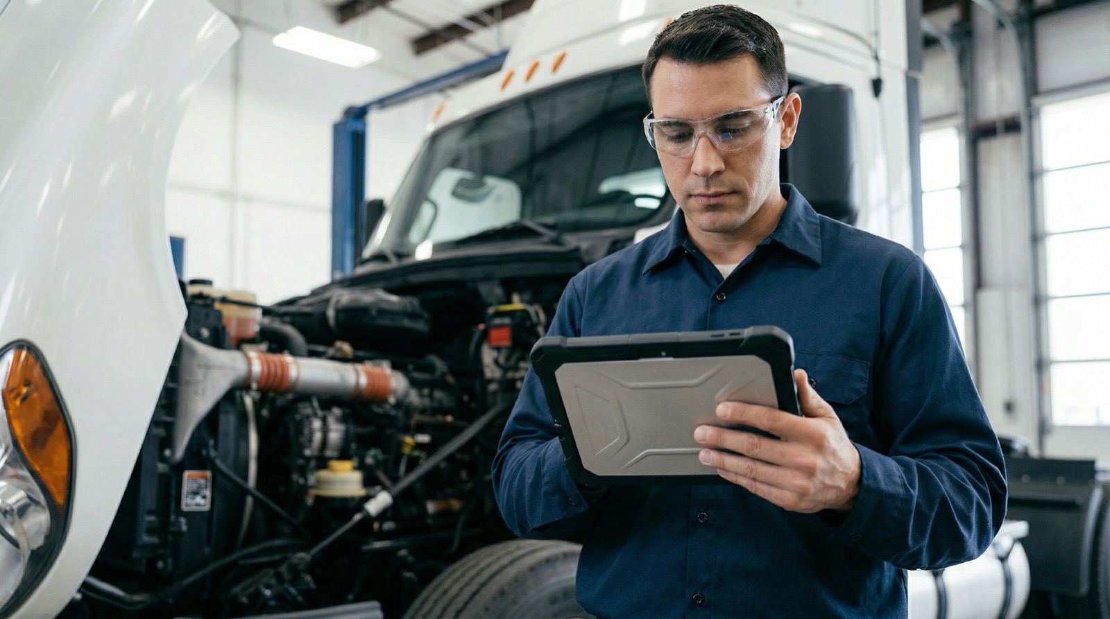 Fleet mechanic using a tablet in a maintenance shop with truck engine bay visible